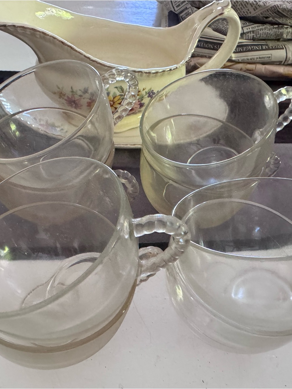 Clear Glass Cups with Beaded Handles - Set of 8 with saucers.